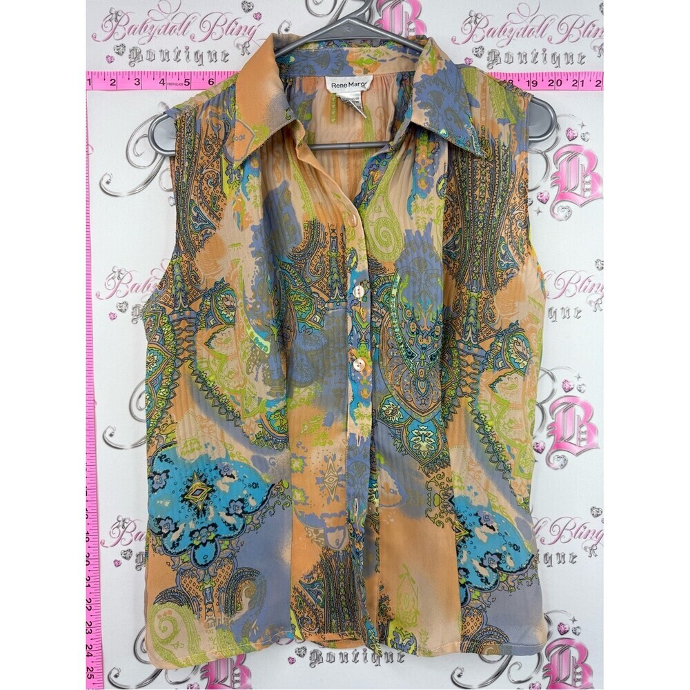 Rene Margo tank  Paisley Print Sleeveless Button Front Top in Tan, Blue & Green
